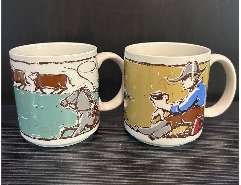 Vintage 80s Michel & Company Western Cowboy Ranch Coffee Mugs Korea Set of 2